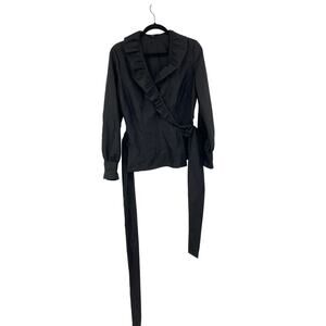 J. Peterman Ruffle Neck Black Belted Wrap Blouse Women’s 8 Medium Old Money